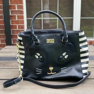 Betsey Johnson Black Cat Face Crossbody Bag Pink Sequin Cat keychain